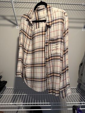 Treasure & Bond Cream Plaid Button-Down Shirt with Brown and Black Stripes